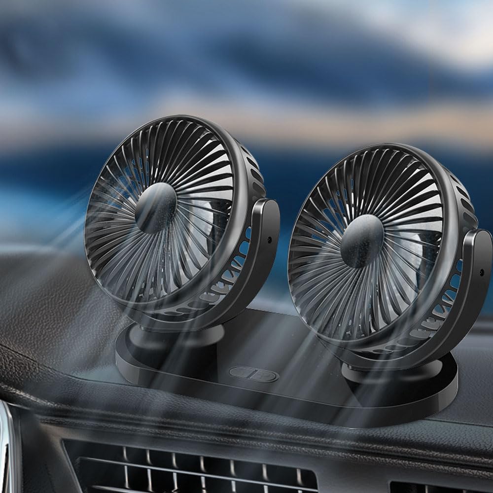 Doppia Teste Ventilatore per Auto 5V, Ventola di Raffreddamento a 3 Velocità, Ventola di Raffreddamento per Auto Girevole a 360 Gradi per tutti i veicoli familiari, furgoni, camper, ATV