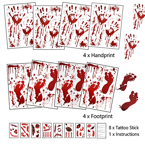 159 PCS Halloween Decorations, 8 Sheets Terror Bloody Handprint Footprint Window Stickers, 8 Sheets Tattoo Stickers, Halloween Party Indoor/Outdoor Decoration,Spooky Wall Decal and Floor Stickers