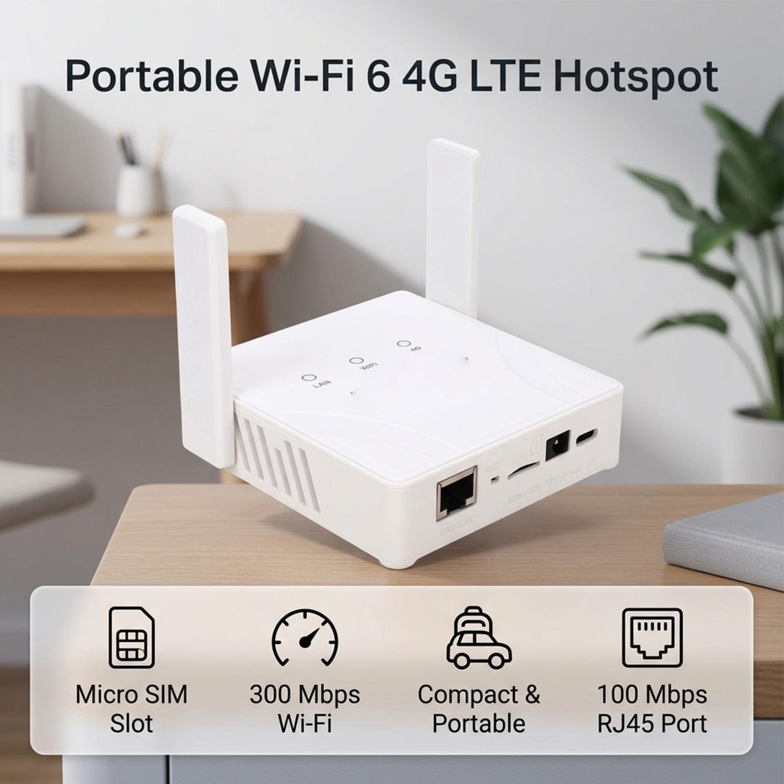 Rengue Router 4G Przenośny Kieszonkowy Router Wi-Fi z Gniazdem Karty SIM 300 Mb/s 2,4 GHz RJ45 Port Typu C Ładowanie do Podróży Samochodem Biznes na Zewnątrz Transmisja na żywo