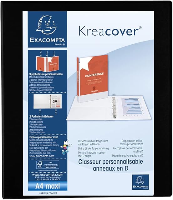Exacompta - ref. 51846NE - 1 customizable rigid opaque binder with 3 pockets - 4 D-rings of 25 mm - Spine 47 mm - External dimensions: 32 x 27.7 cm - Format to be filed A4 Maxi - Colour: black