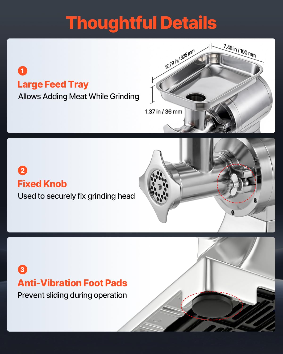 VEVOR Picadora de Carne 750W 1 HP, Picadora de Carne Eléctrica 4,2 kg/min, de Acero Inoxidable, con 2 Placas, 3 Tubos de Embutir Salchichas, para Cocinas Domésticas, Restaurantes, Carnicerías