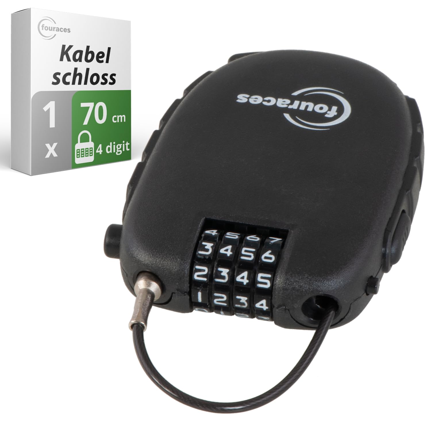 fouraces Mini Kabelschloss 70cm, Fahrradschloss ausziehbar, 4-fach Zahlenschloss, Roller Schloss mit Zahlencode auch für Fahrrad, Rennrad, Scooter, Cityroller, Kinderwagen, Skischloss Sport & Freizeit