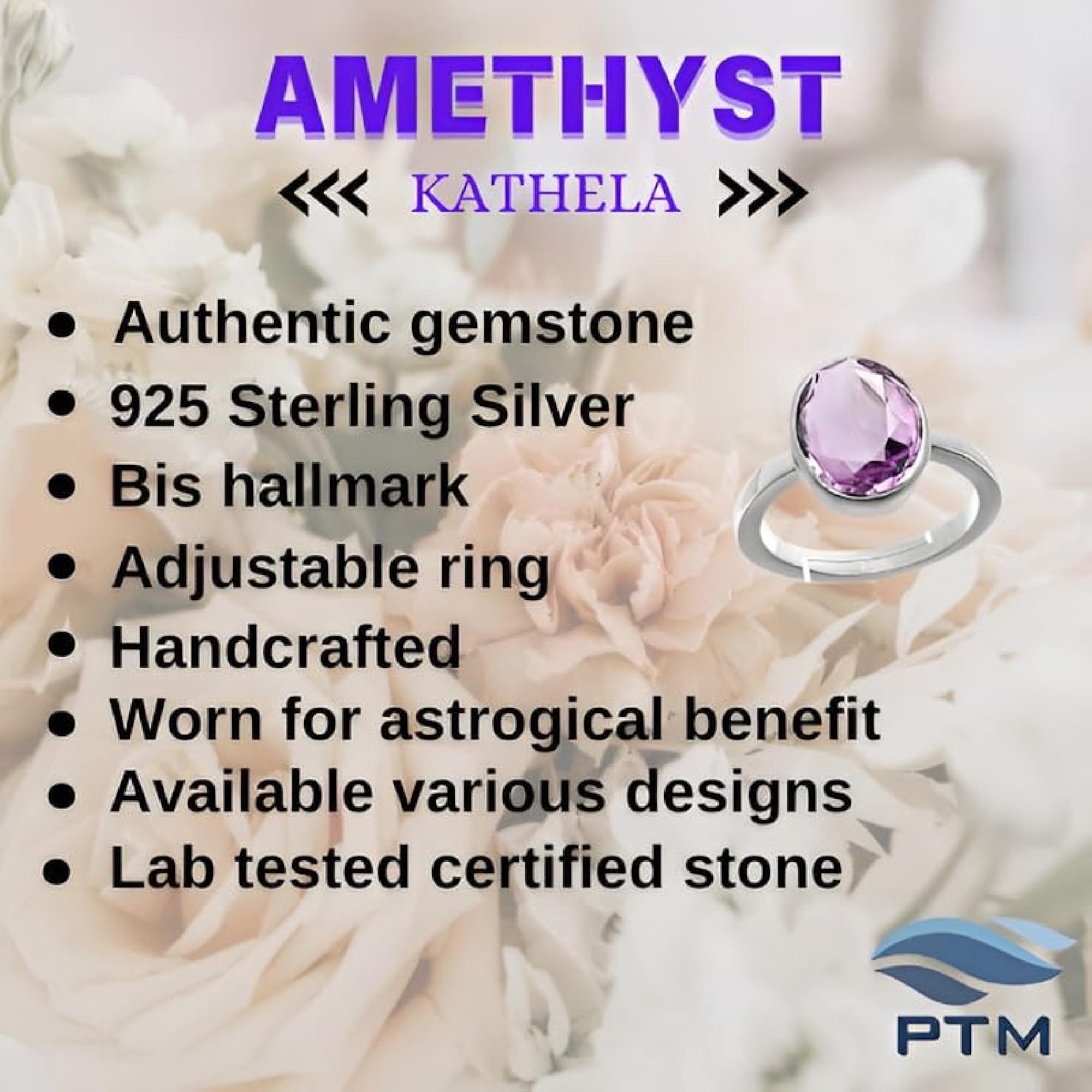 Women's Amethyst/Kathela Adjustable Sterling Silver Ring, Astrological Certified