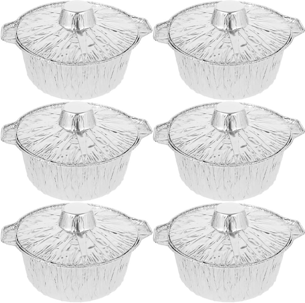 Kichvoe Aluminum Foil Pie Pans with Lids, 1100ml 6pcs Round Tinfoil Pots Foil Oven Casserole Pots Camping Baking Foil Pan Disposable Tin Pot for Cooking Roasting Meal Prep Reheating Silver