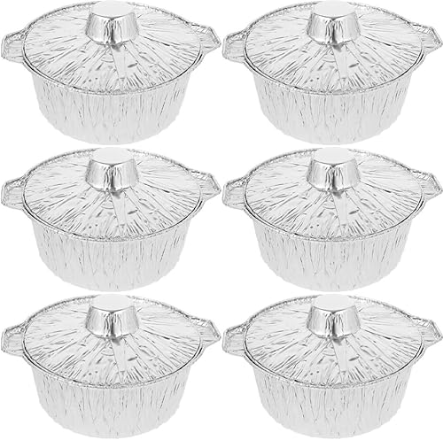 Kichvoe Moldes de papel de aluminio con tapas, 37.2 fl oz, 6 ollas redondas de papel de aluminio para horno, cacerola para hornear, sartén