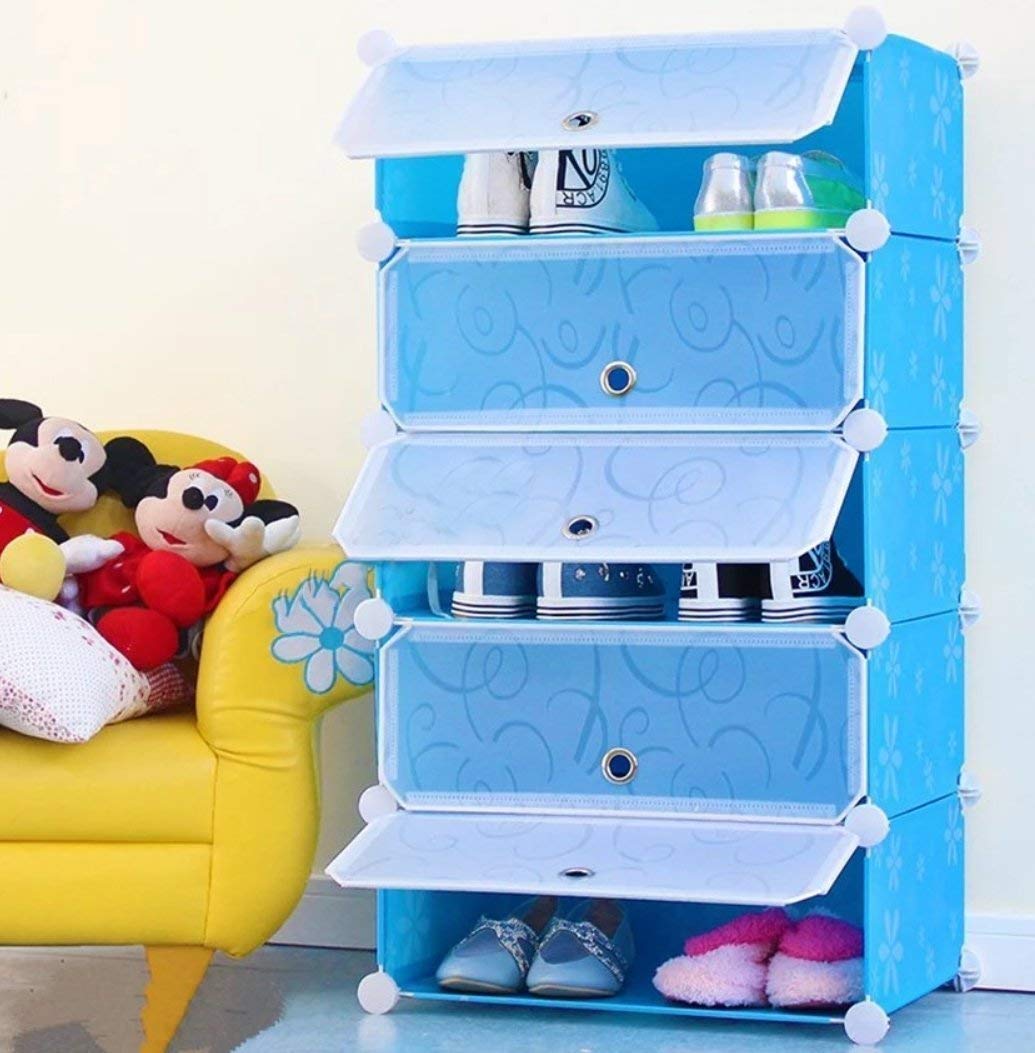 Styleys Plastic Shoe Rack with Cover for Home/Office Cube Organizer Wardrobe - 5 Cube Blue