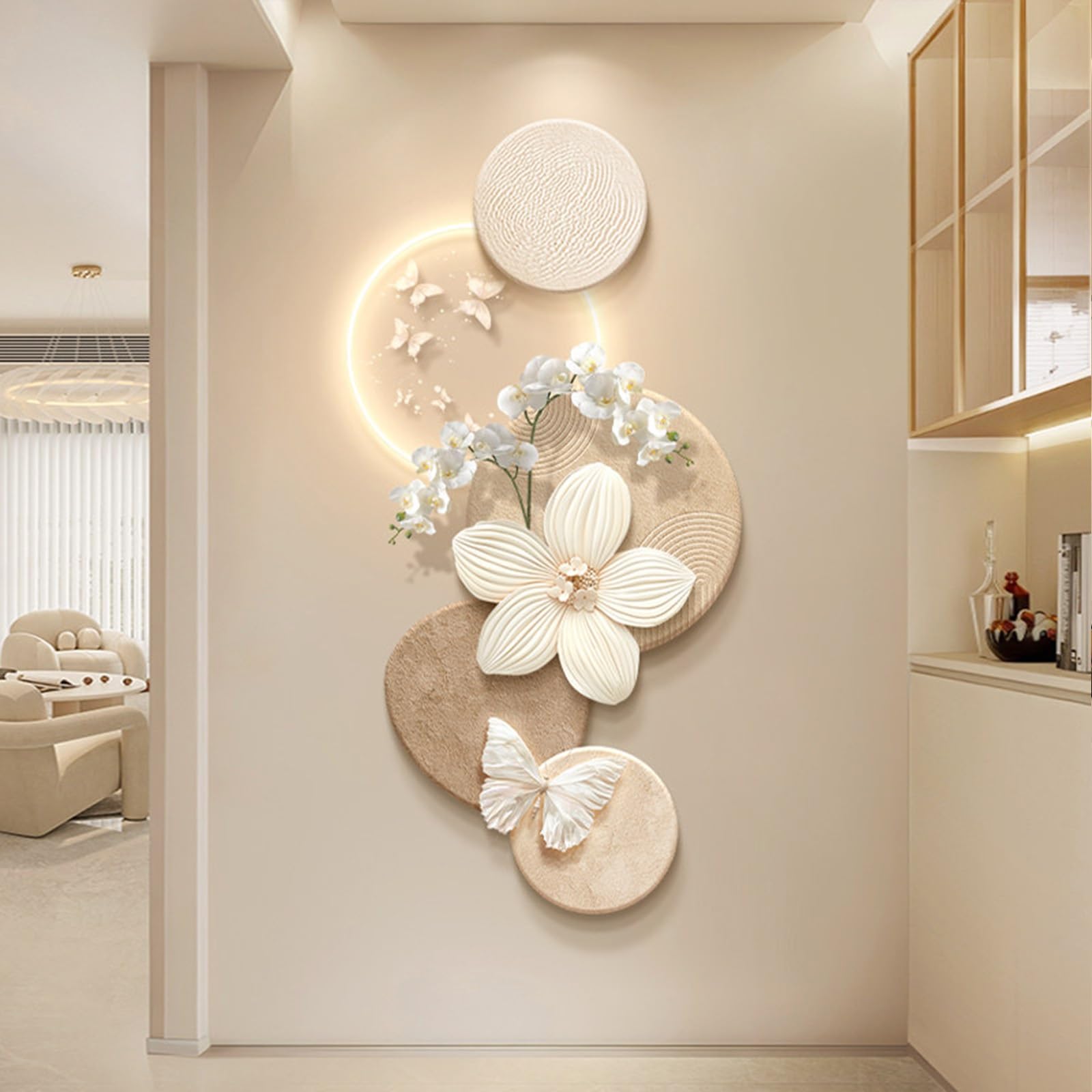 Grande fresque décorative 3D crème pour salon contemporain chic