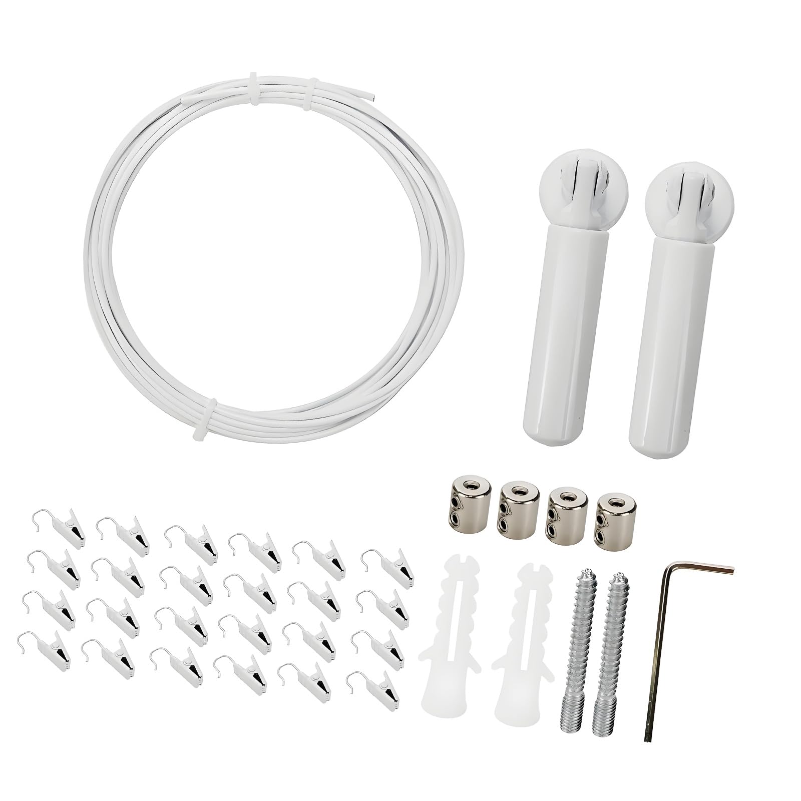 Tsophreniq White Wall Mount Curtain Wire Rod Set Multifunctional Metal Clothesline Picture Hanging Wire With 24 Clips For Clothes Flexible Curtain Cessation Set
