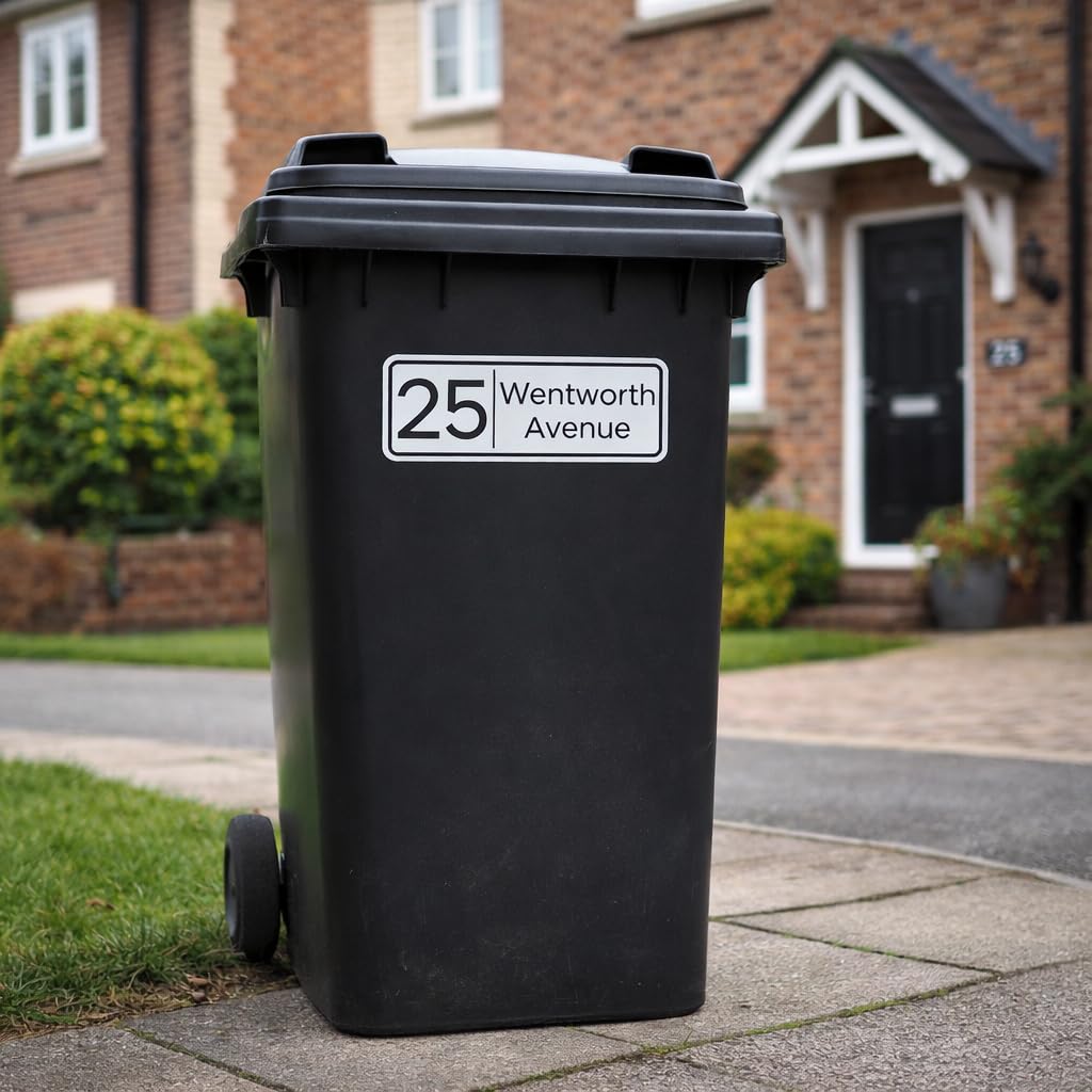 Personalised Wheelie Bin Stickers with House Number & Street Name, Custom Waterproof Vinyl Address Labels for Rubbish, Recycling & Garden Bins, Large Outdoor Bin Decals 280 x 125 mm (4x Stickers)