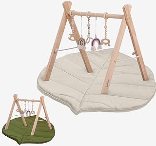 Spielbogen Baby aus Holz inkl. 5 Spielzeugen & doppelseitiger Spielmatte – Stabiler & Klappbares Spieltrapez