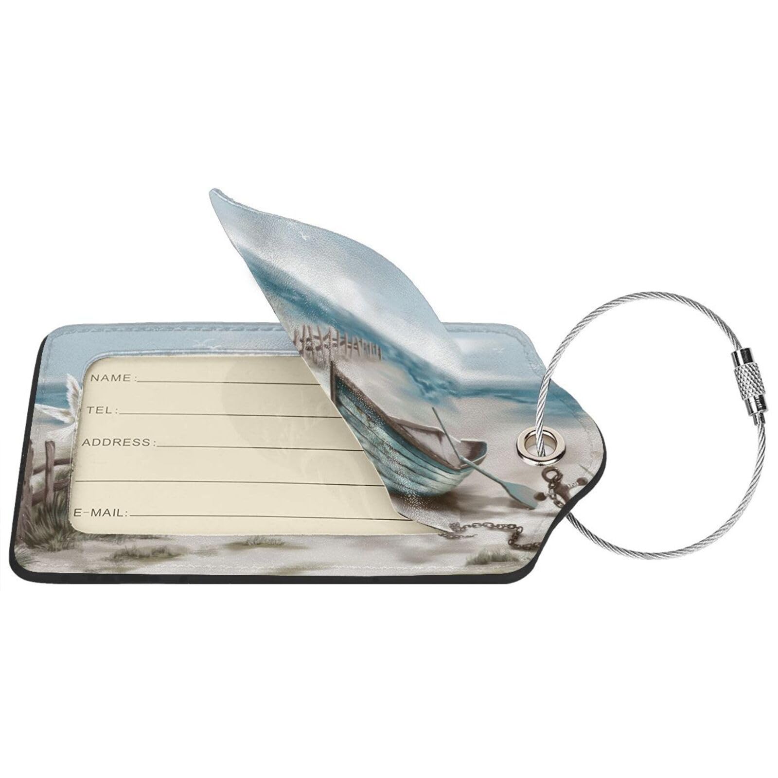 Sea View - Targhette per bagagli in legno con anello in acciaio inossidabile, divertente set di etichette per carte d'identità con nome, adatte per borse da viaggio, bagagli per donne e uomini, 2