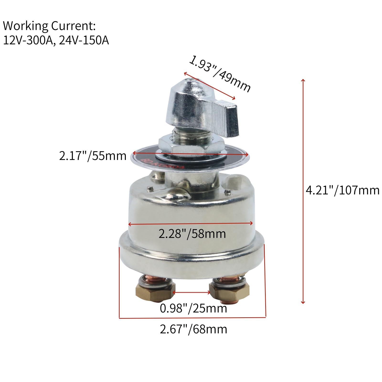 KUMGROT Metal Large Current Battery Disconnect Switch Quick Disconnect Battery Cut Off Shut Off Power Switch RV Killswitch for Boat Vehicle Marine, 12V-300A 24V-150A