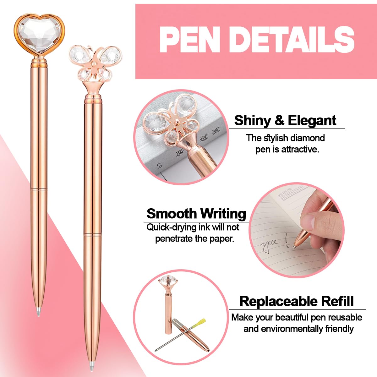 12Pcs Diamond Ballpoint Pens, Glitter Crystal Metal Pens with Black Ink, Retractable Elegant Bling Ballpoint Pens - Image 2