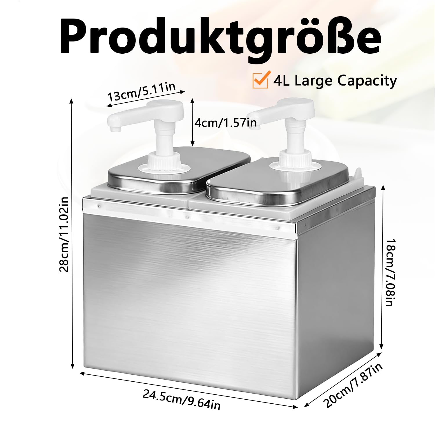 Dosatore per salse da 4 l, con 2 teste di pompa, in acciaio inox, 30 ml per pompa, 2 dosatori da 2 l, per ketchup, maiono, miele, gastro