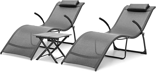 MoNiBloom Juego de 3 sillas de salón para exteriores, sillas reclinables plegables con mesa auxiliar, sillas onduladas para piscina para todo tipo