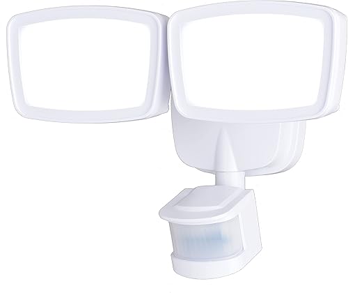 VAXCEL Luz de inundación LED integrada de 2200 lm con sensor de movimiento de doble cabezal para exteriores con 4 modos, activada por movimiento,