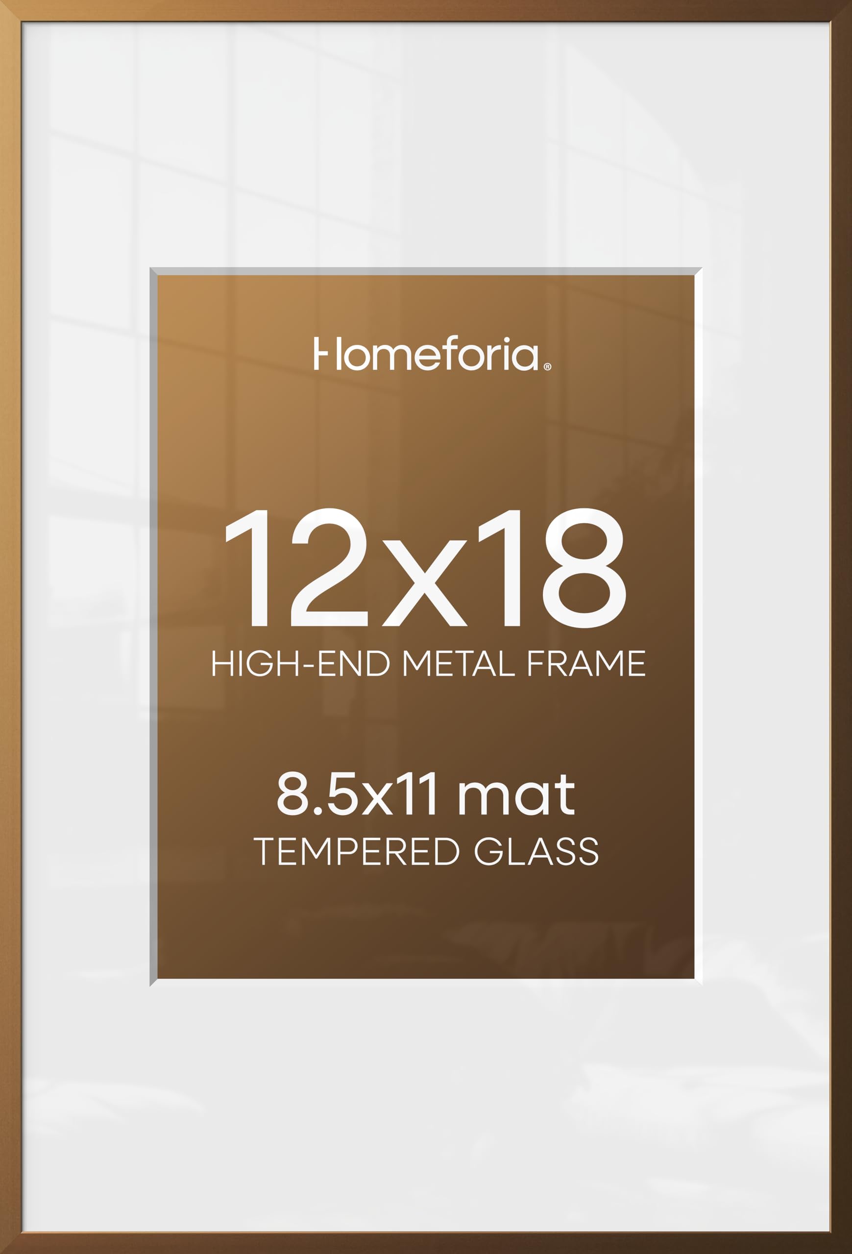 Homeforia 12x18 Bronze Picture Frame, High-End Metal, 8.5x11 Mat, Glass | High End Aluminum, Tempered Glass, Acid-Free 8.5x11 Removable Mat, 12x18 in Edge-to-Edge Display 18x12, Wall Kit, Set Of 1