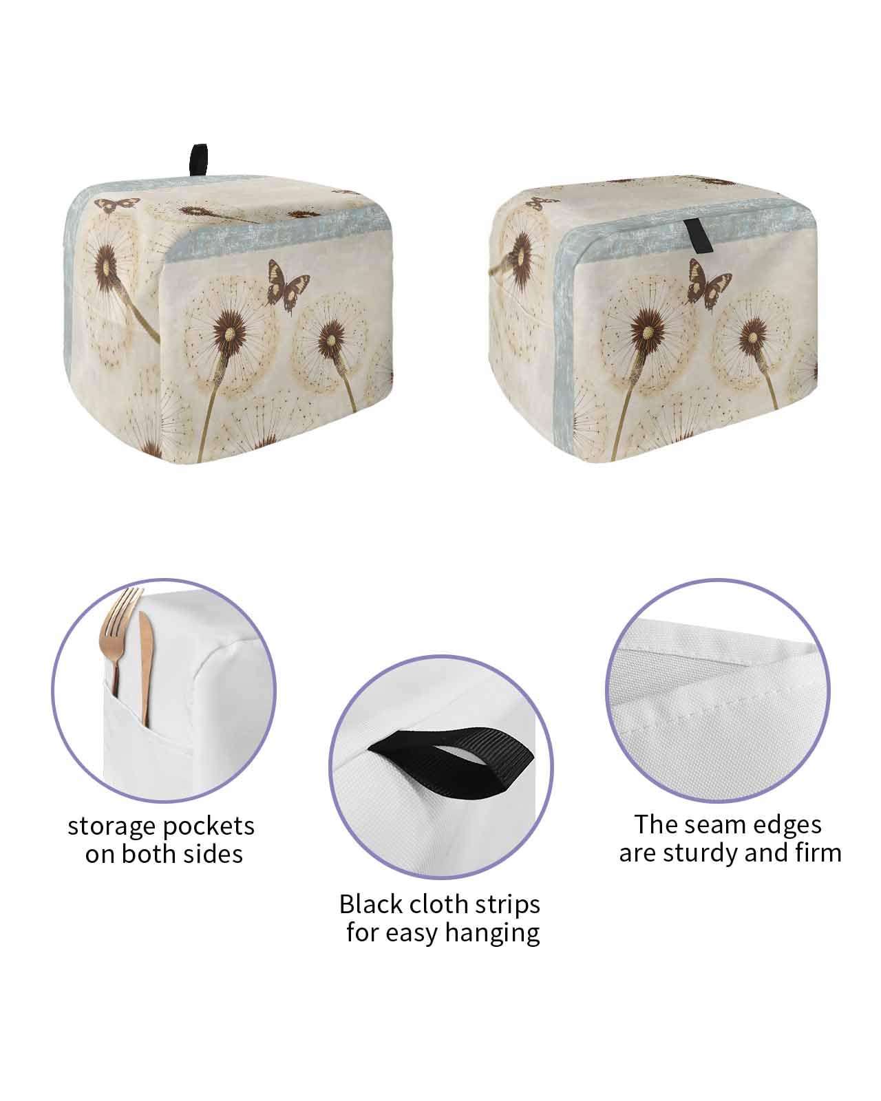 Spring Floral Toaster Cover 2 Slice, Summer Botanical Butterfly Vintage Dustproof Bread Machine Oven Cover with Storage Pockets, Fits Most Kitchen Toasters Protector