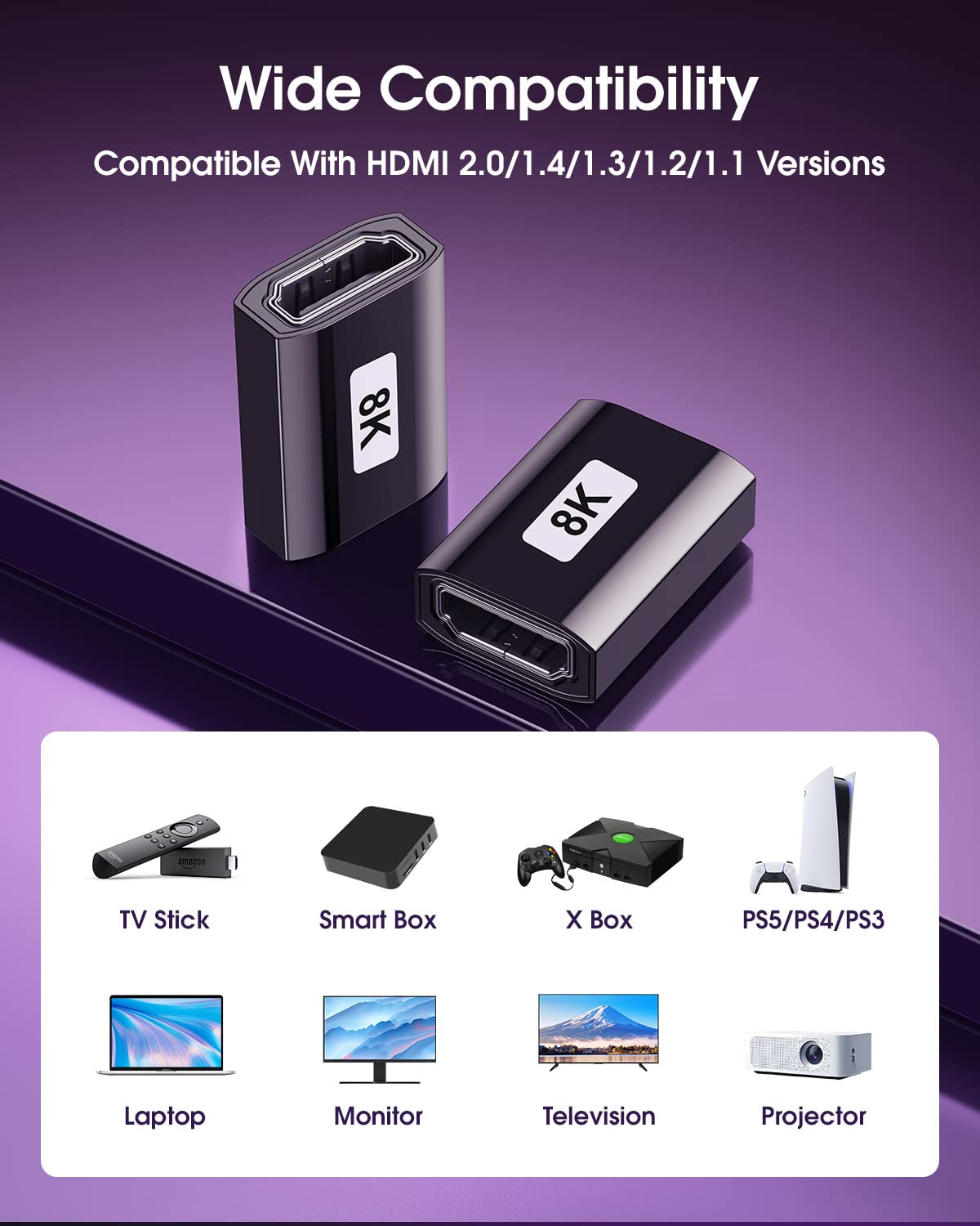 ANDTOBO Adattatore HDMI 8K 2.1 Femmina Femmina Prolunga 8K/4K@60Hz UHD eARC 2 Pezzi