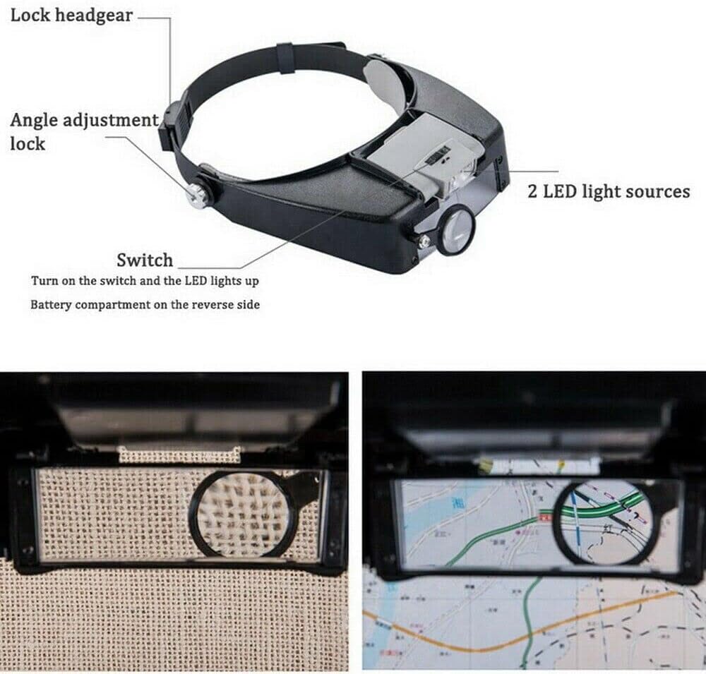 Large Lens Head Magnifier Headband Magnifying Glass with Light Hands Free LED Magnifier with Cold and Warm Light for Close Work, Sewing, Crafts, Reading, Repairing, Jewelry