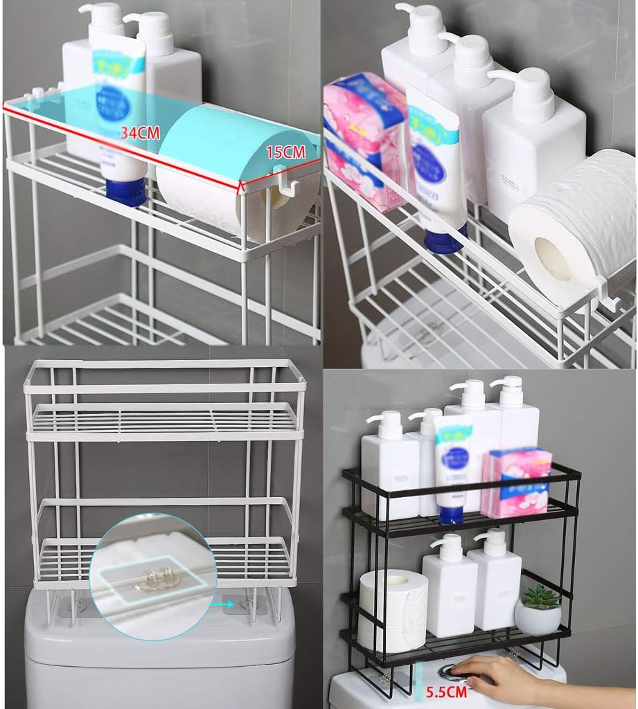 Bathroom Organizer Over The Toilet,Toilet Rack with Hooks,Open Storage Shelf,Space Saver,Easy to Assembly,Grid Design,White,Black. (White 34x15x7cm)