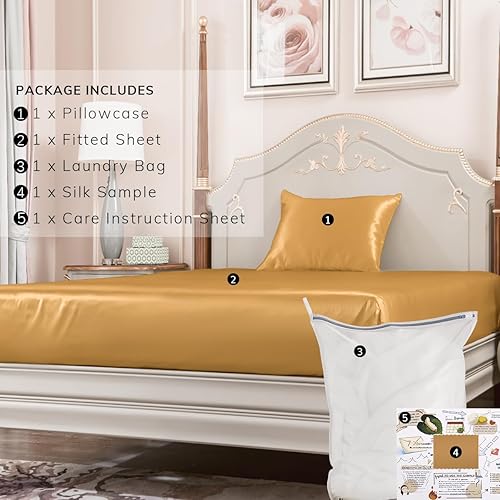 Miniatura 6 de Juego de sábanas bajeras de 3 piezas 100% seda 23 Momme tamaño King con sábana bajera y 2 fundas de almohada, bolsillo profundo de 16 pulgadas,