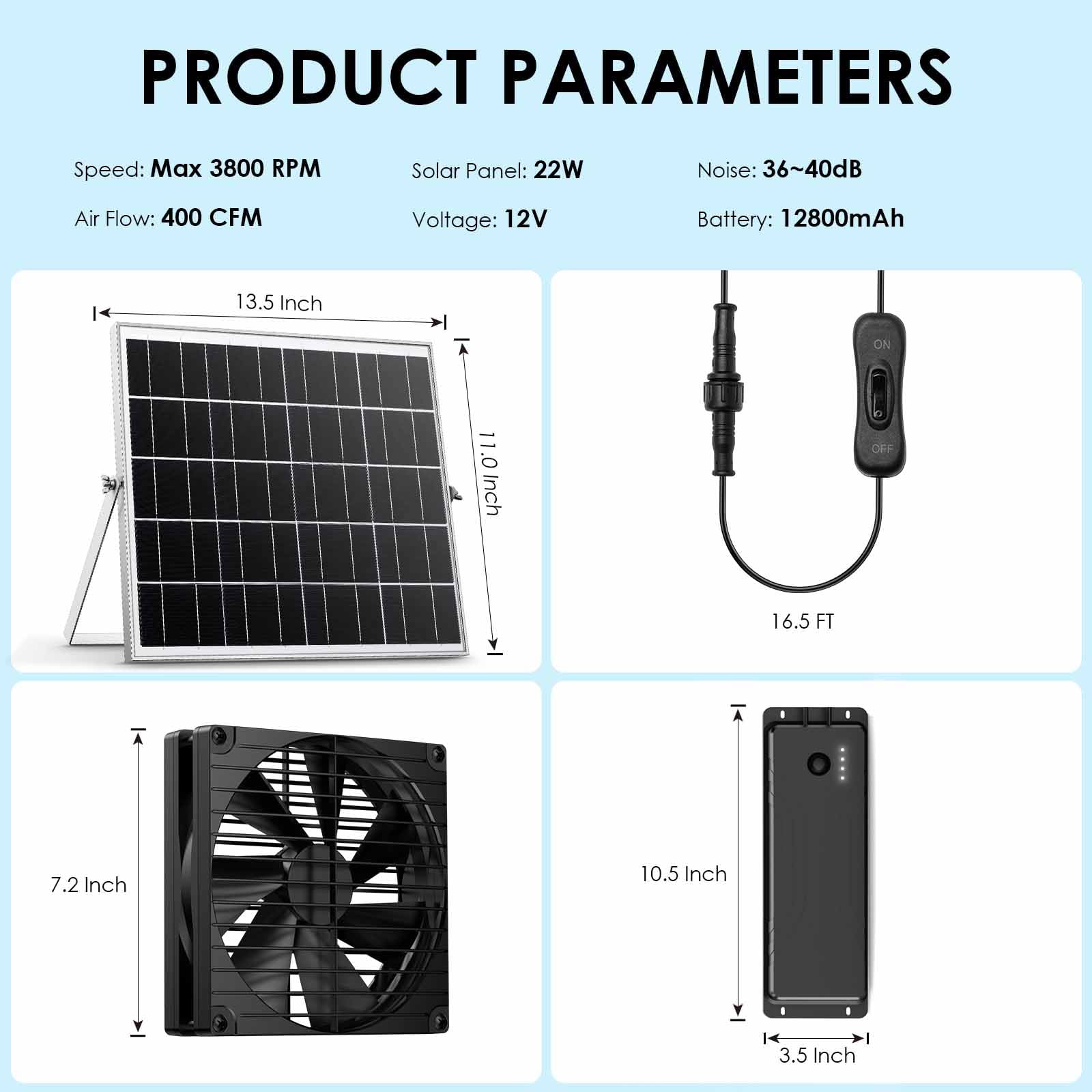 17,8 cm großer Luftstrom-Solarventilator mit Batterie-Backup, 12800 mAh Batterien, IPX7 wasserdicht, 5 m An-/Aus-Schalterkabel, solarbetriebener Abluftventilator für Gewächshaus, Hühnerstall, Anhänger