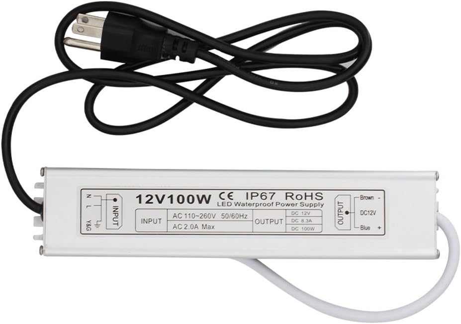 LED Power Supply 100W Waterproof IP67 AC 110V to DC 12V Low Voltage Transformer Adapter for Garden Lights, LED Landscape Lights, LED Strip Lights and Outdoor Use