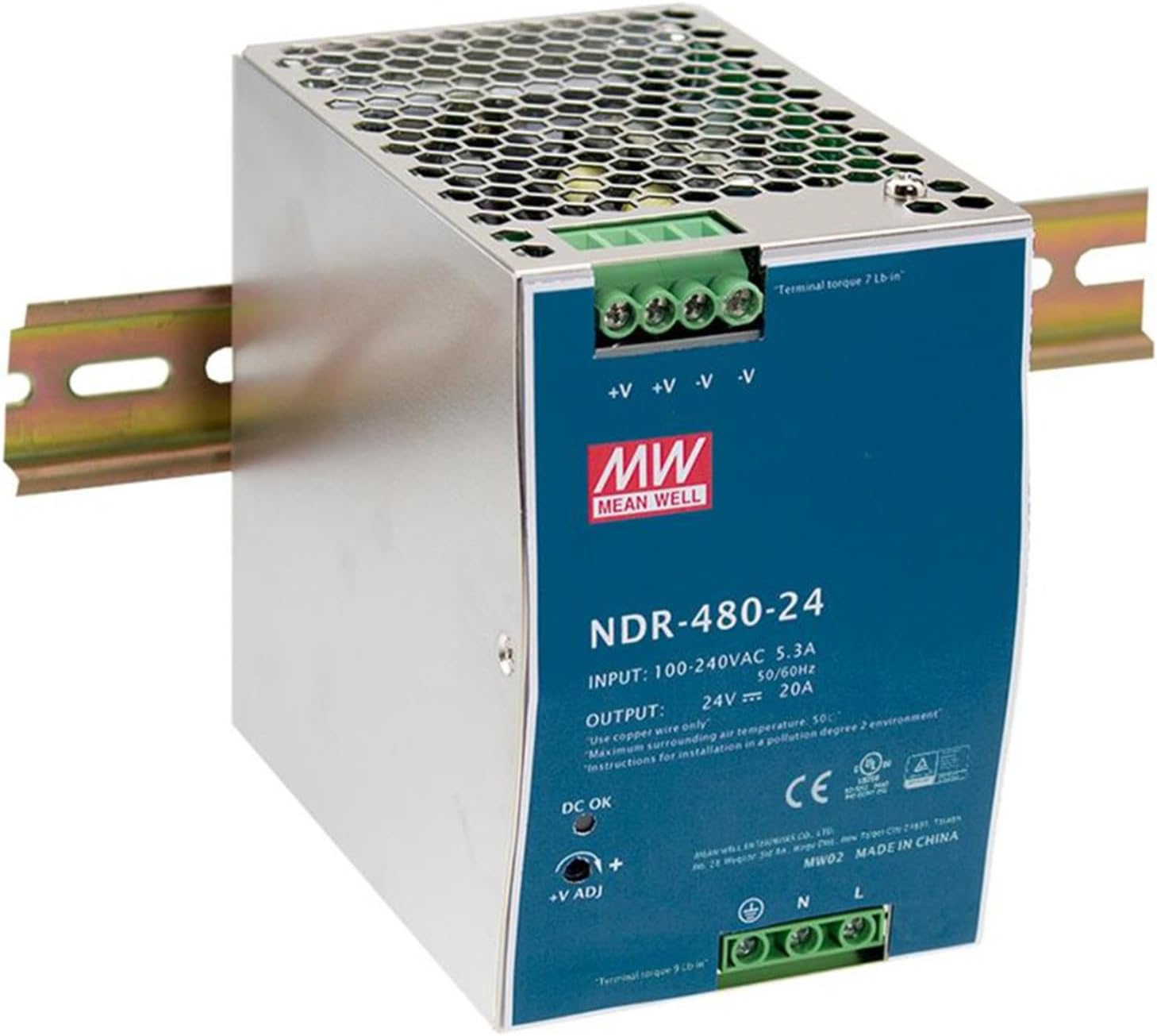 NDR-480-24 24V 480W Single Output Industrial DIN Rail Power Supply, 90-264VAC/127-370VDC Input, UL508/TUV/EN60950-1 Certified, for Industrial Control Systems, Factory Automation