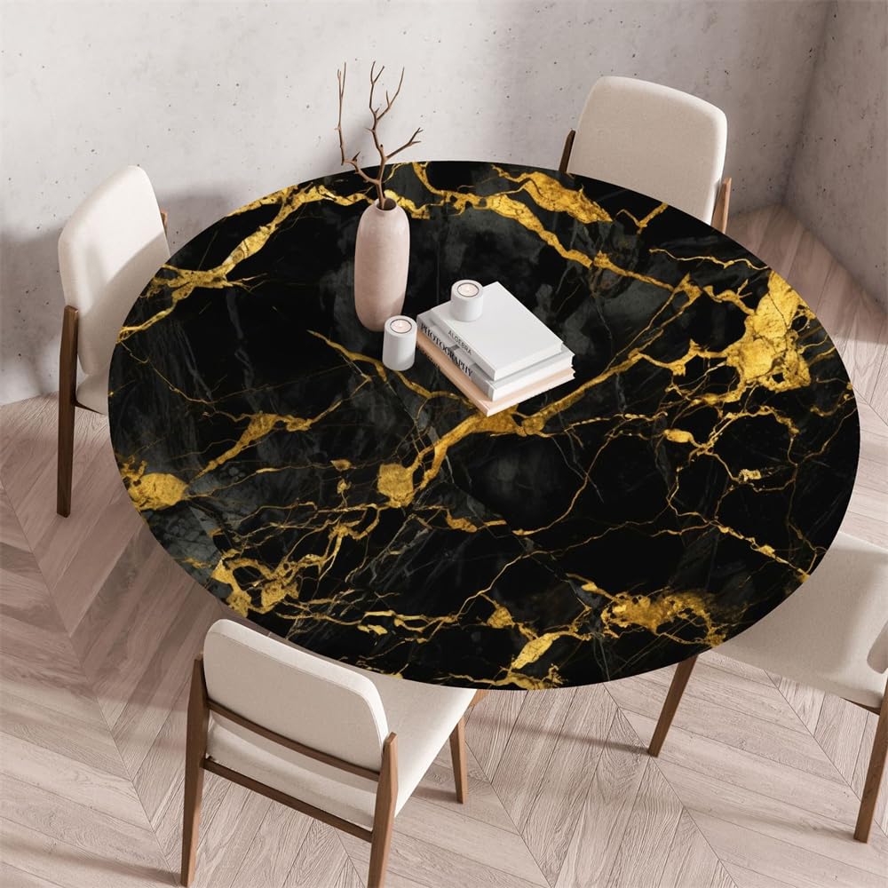 Morbuy Waterproof Elastic Fitted Round Tablecloth, Marble Oilcloth Table Cloths Stain Resistant Stretch Table Protector Cover for Home Coffee Restaurant Dining Picnic (Golden,100cm)