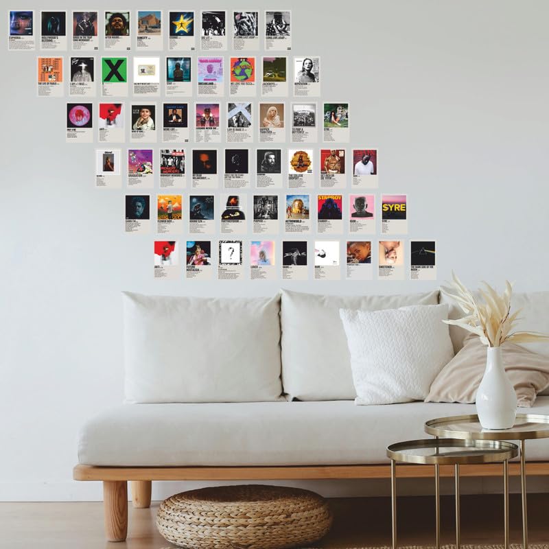 Image of POSTERONN Music Wall Collage Kit Set of 54 Square 4x4 Inch Aesthetic Posters Album Style Artwork Photo Cards for Bedroom Living Room Office Studio Decor Premium Cardstock Gallery Display