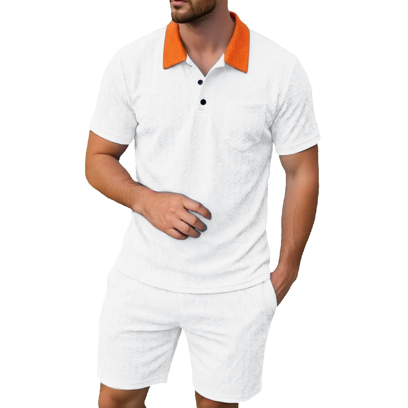 Ensemble décontracté d'été à manches courtes avec col contrasté, tenue athlétique deux pièces pour homme, coupe légère et respirante, idéal pour les activités quotidiennes et sportives, tailles du M
