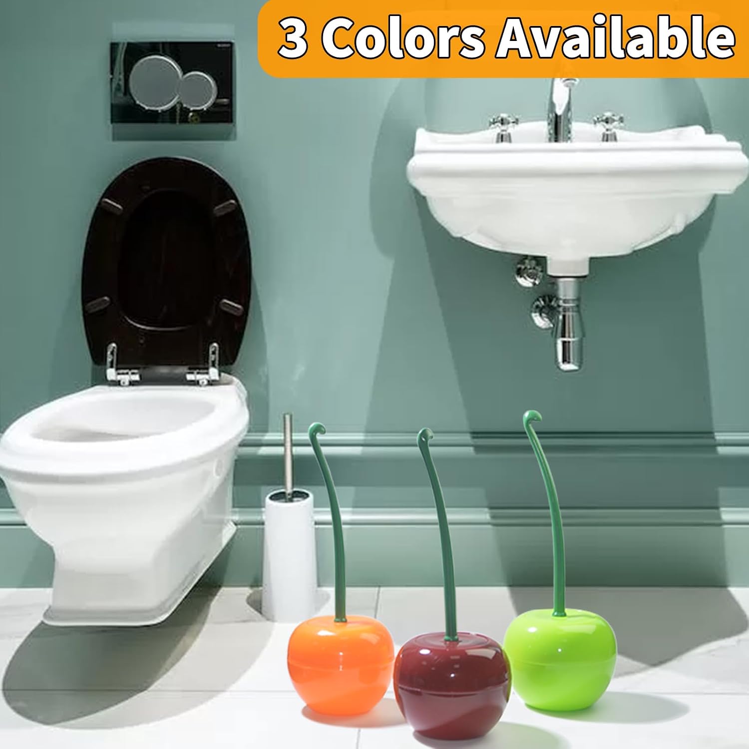 2-Pack Cherry Toilet Brush and Holder | Cute Toilet Brush Set with Flexible Bristles for Easy Reach | Blending Eclectic Home Decor with Cherry Bathroom Décor (Red)