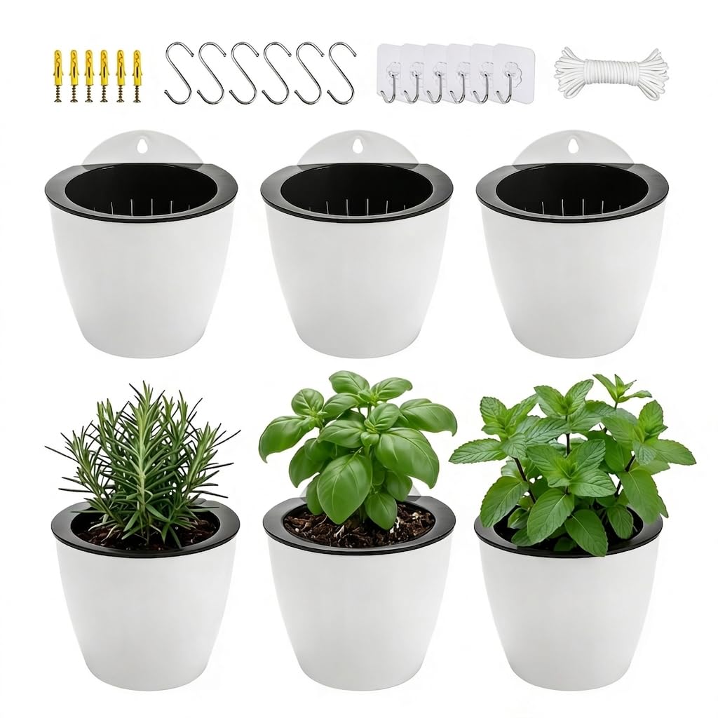 6 Pack White Hanging Planter Pots Self Watering Vertical Garden Wall Mount Window Hang Round Plastic Container Indoor Outdoor for Plants Flowers