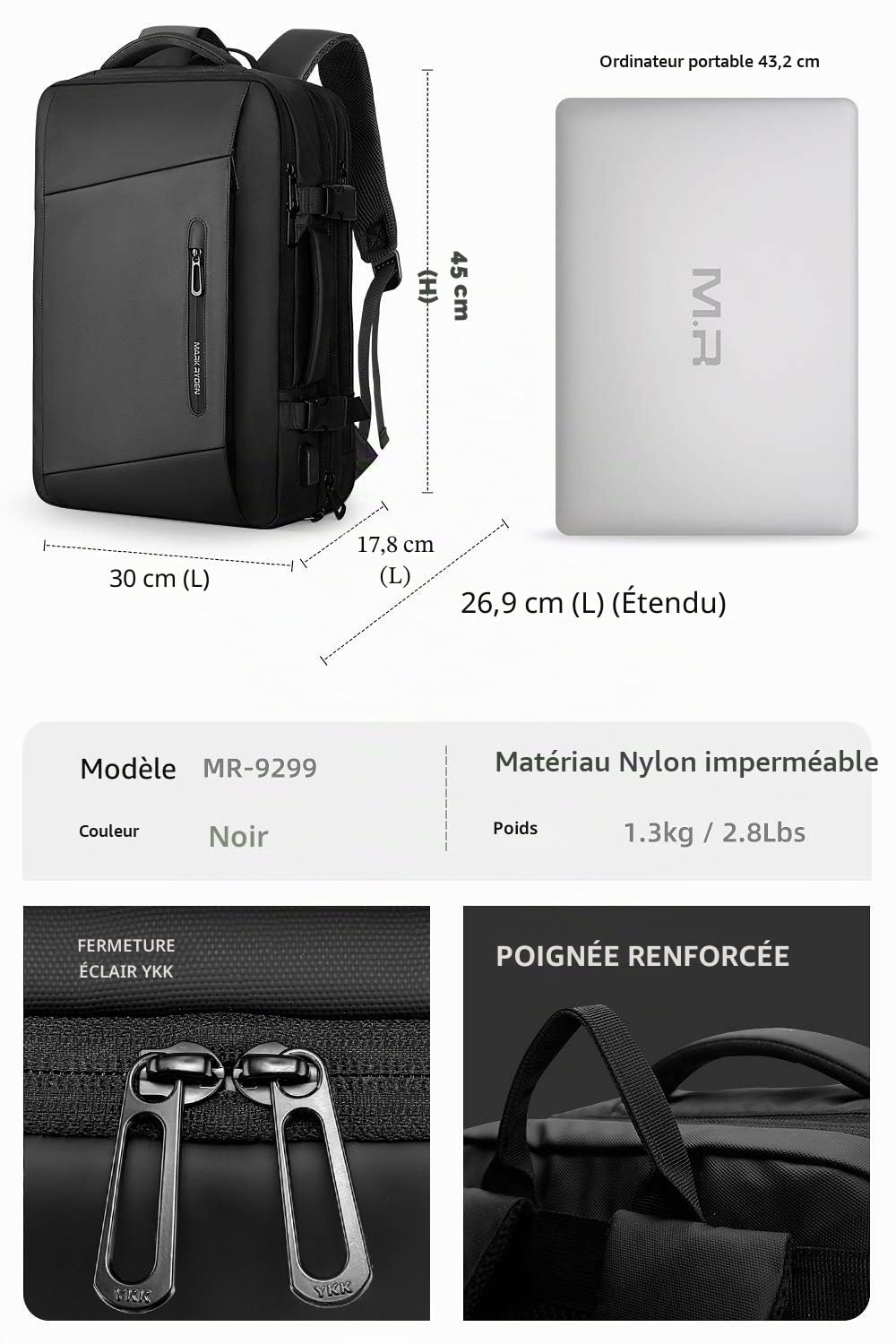 MARK RYDEN Sac à Dos Extensible 25L-40L Business Pour Homme 17,3 Pouces, Sacoche Ordinateur Portable Avec Port USB, Étanche Antivol