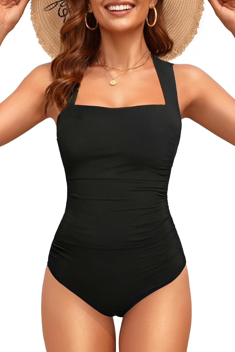 Daci Black One Piece Swimsuit Tummy Control - Women Bathing Suit with Retro Square Neck Full Coverage Swimwear 2026 XL