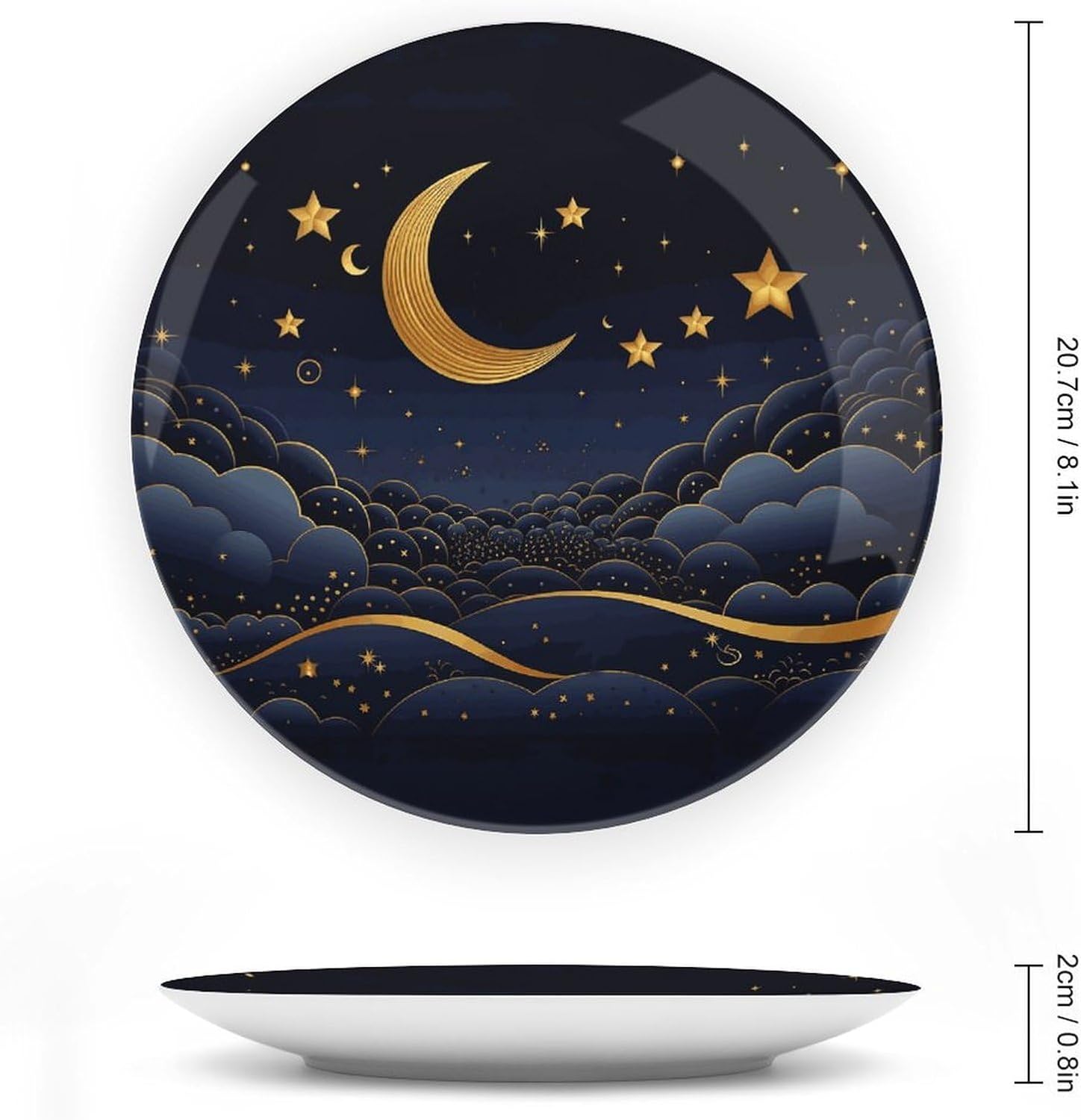 Stars And Moon Bone China Decorative Plate with Display Stand, Ceramic Ornaments Plate for Wall Hanging, Personalized Porcelain Plates for Office, Living Room 8inch