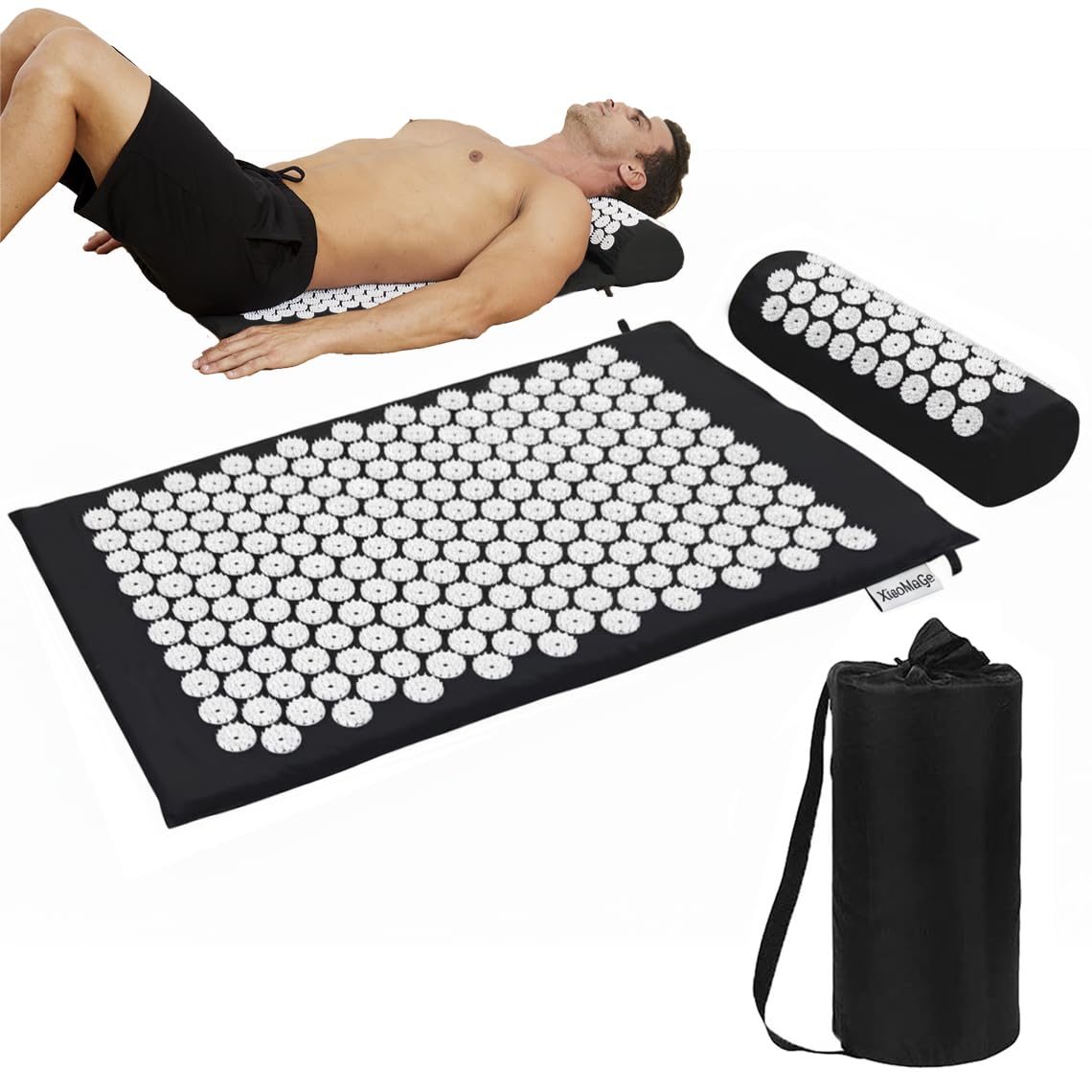 XiaoMaGe Acupressure Mat and Pillow Set with Bag - Large Size 28.7 X 16.5 inch Acupuncture Mat for Neck & Back Pain, Muscle Relaxation Stress Relief, Sciatica Pain Relief Pillow (Black)