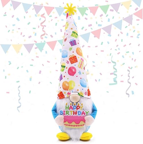 Gwindrise Gnomos de feliz cumpleaños, gnomos de felpa que sostienen un pastel de cumpleaños para decoraciones de fiesta de cumpleaños, gnomos hechos