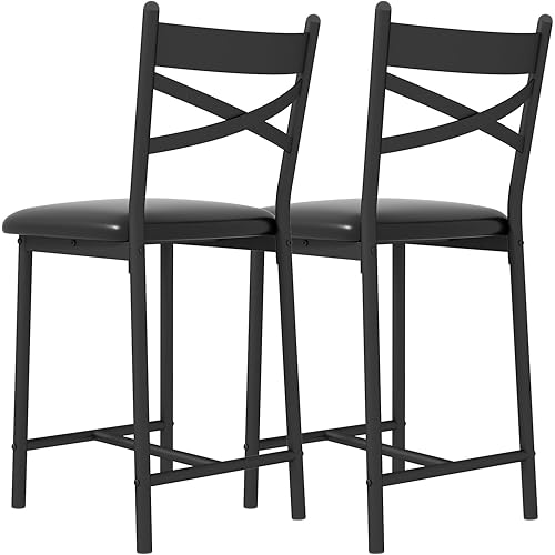 GAOMON Bar Stools, Bar Chairs Set of 2, Modern Counter Bar Stools with Back & Footrest, Upholstered Island Chairs, Metal Frame Counter Height Barstool for Dining Room, Kitchen - Black