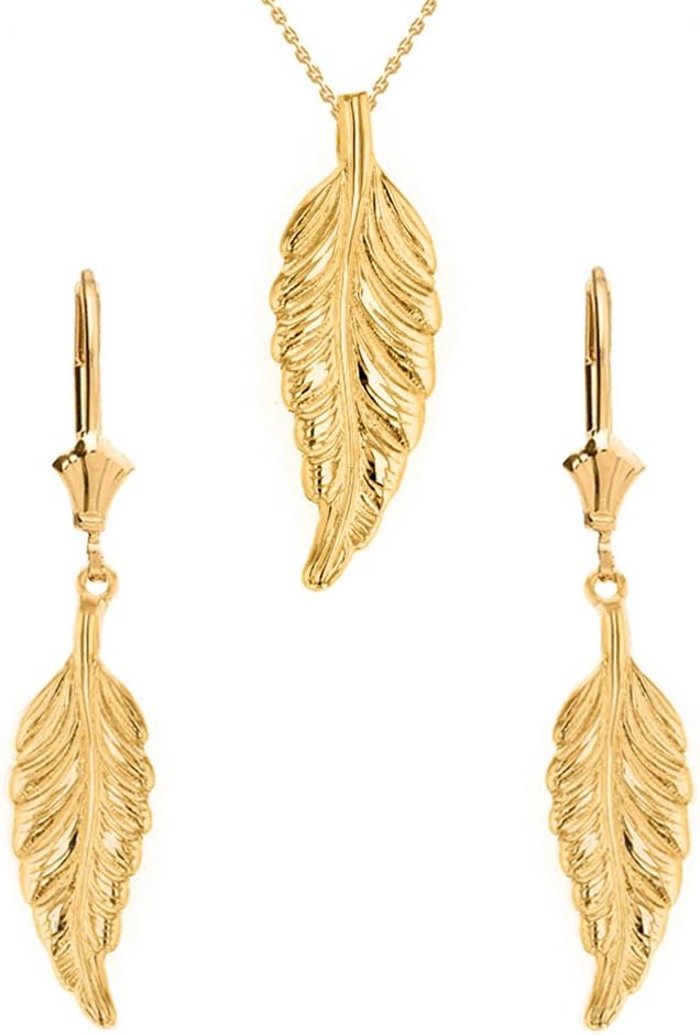 Solid 14k Yellow Gold Bohemia Leaf Feather Necklace and Earring Set