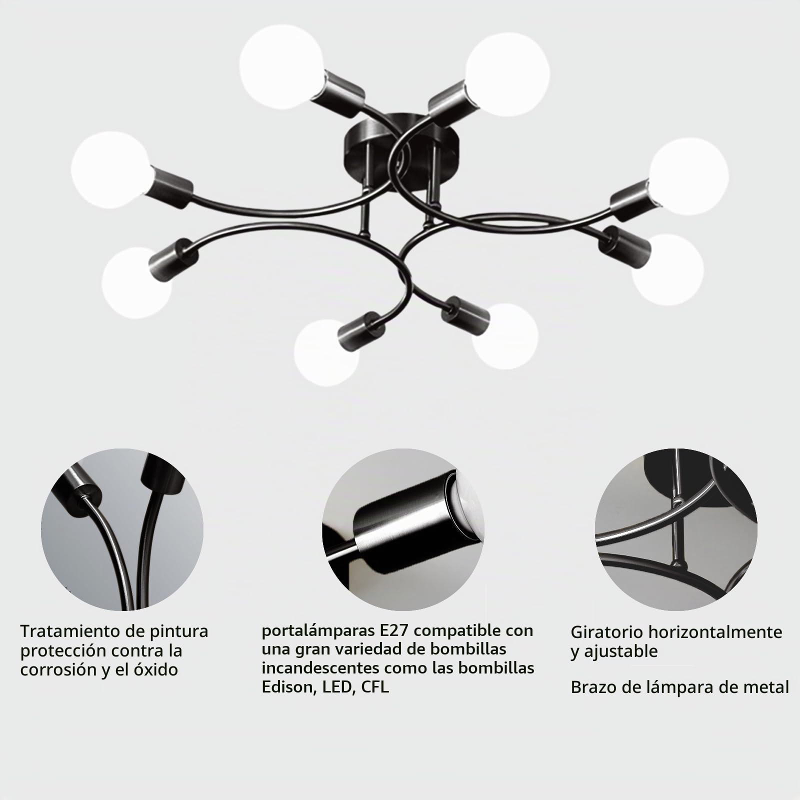 Lámparas de Techo Retro,8 Luces Plafon Sputnik E27 Negro | Lámpara de Araña,Lámparas de Techo industrialespara Dormitorio,Sala de Estar,Cocina,Comedor,Ø85CM(Sin Bombilla)
