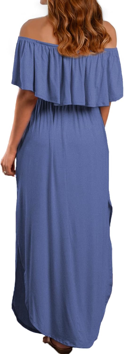 VERABENDI Women's Off Shoulder Ruffled Maxi Dress with Pockets – Summer Beach Casual — view 3