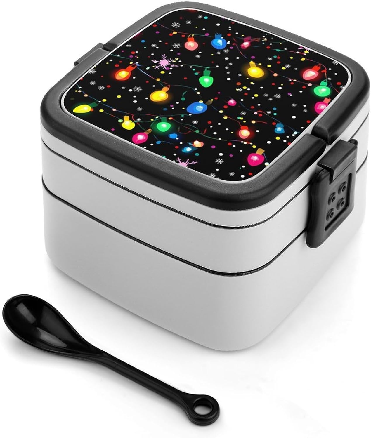 Colorful Christmas Lights Bento Box with Spoon 2 Layer Food Container Cute Lunch Box for Travel Dining Work