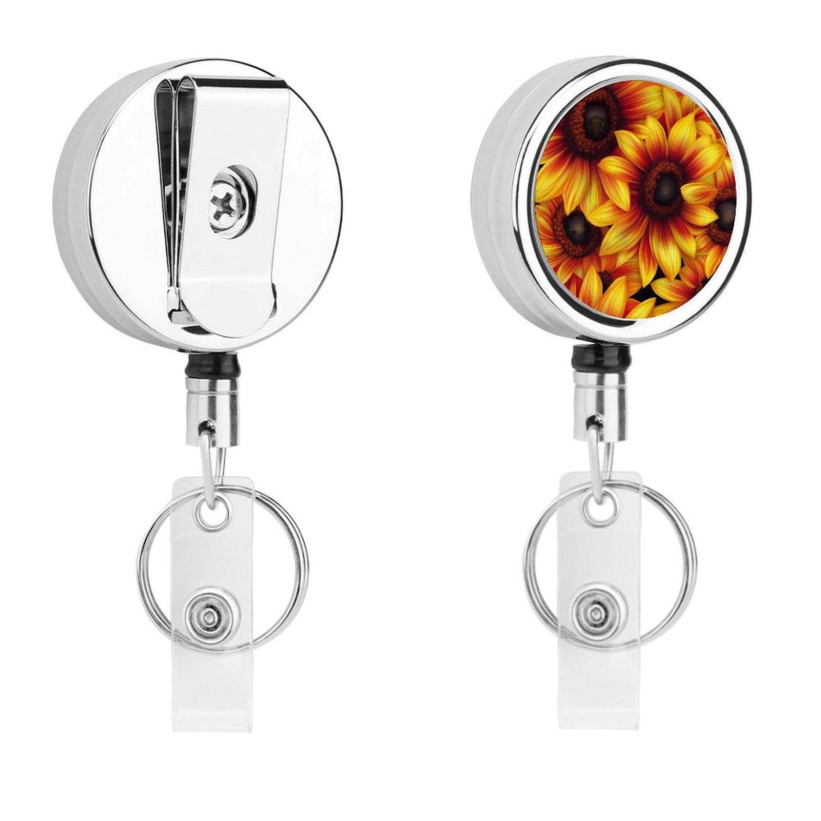 Sunflowers Floral Retractable Badge Holder Metal ID Name Holder Key Ring with Belt Clip