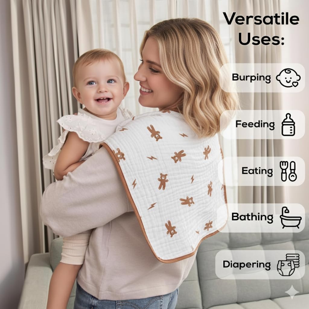 Muslin Burp Cloths, 20"x10"- Pack of 8, 6 Layers Super Soft Absorbent & Breathable 100% Cotton for Baby Drool and Messes, Burp Cloth Baby Boy and Burp Cloths Baby Girl - Image 4