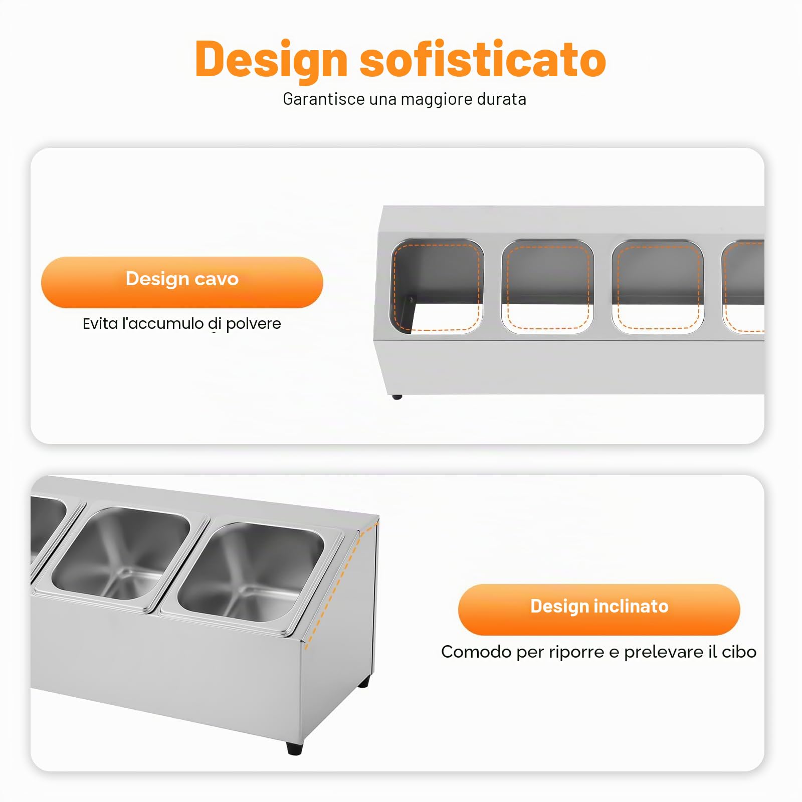 Recipiente in acciaio inossidabile con coperchio, 6 scomparti, set di contenitori Gastronorm per ingredienti di pizza, contenitore per spezie per cucina, ristorante o catering