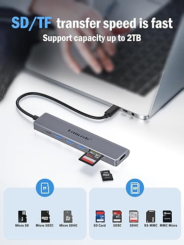 Miniatura 5 de Lemorele Adaptador USB C Hub 7 en 1 con HDMI 4K a 30Hz, carga PD de 100 W, 1 puerto de datos USB3.0 de 5 Gbps, 2 USB 2.0, SDTF, USB C Multipuerto