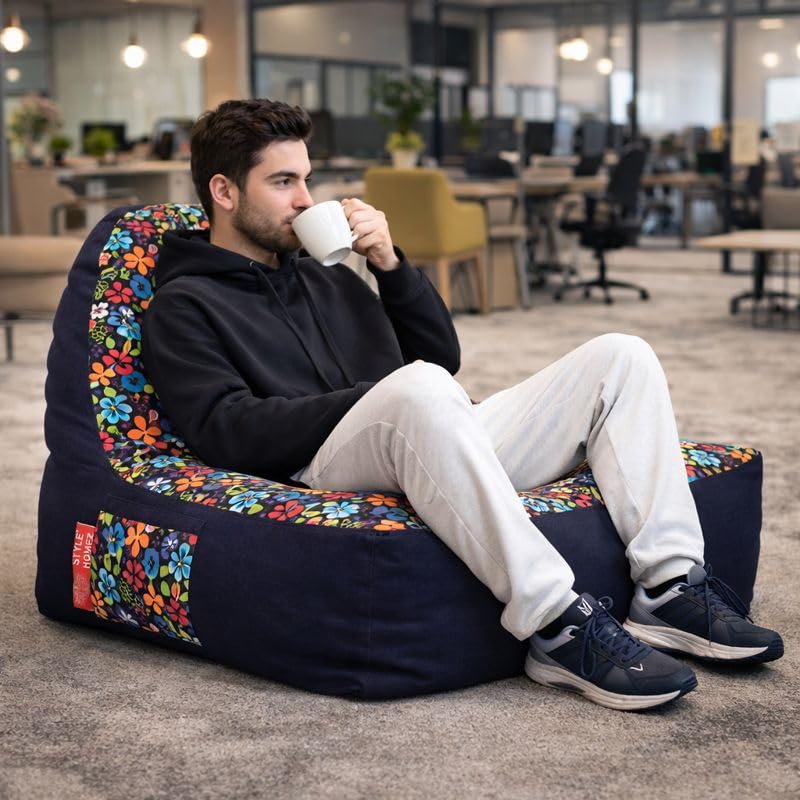 Image of Style Homez Urban Design Denim Canvas Floral Printed Chair Bean Bag XXL Size Filled with Beans Fillers