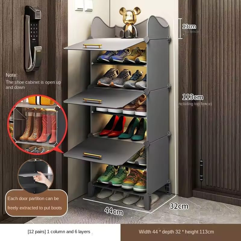 Image of Shoe Rack Multipurpose 5 Shelves Shoe Rack with Zip Door Cover & Side Pockets, Multiuse Wide Shelve,Rack for Footwear, Toys, Clothes (Deep Grey, 6-Layer)